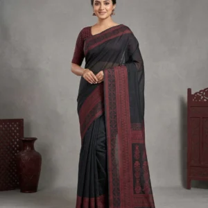 Elegant Half Silk Saree - Black Crimson